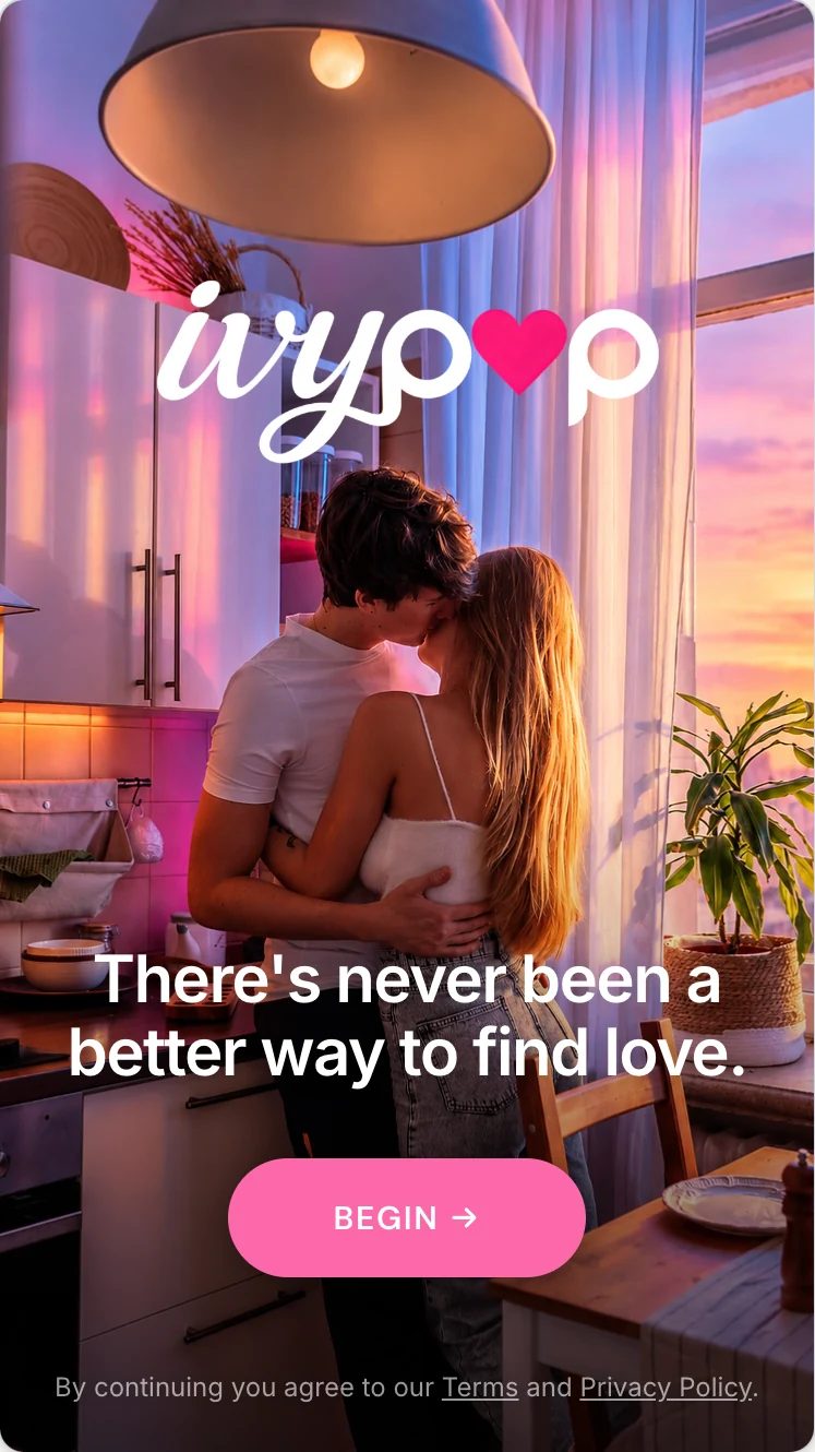 Ivypop app welcome screen with pink, lavender and sunset light
